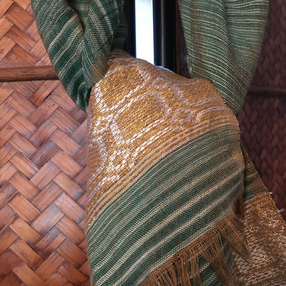 Tibetan Snow Lion Long Green, Gold and Silver Silk Shawl - Picture 10 of 10